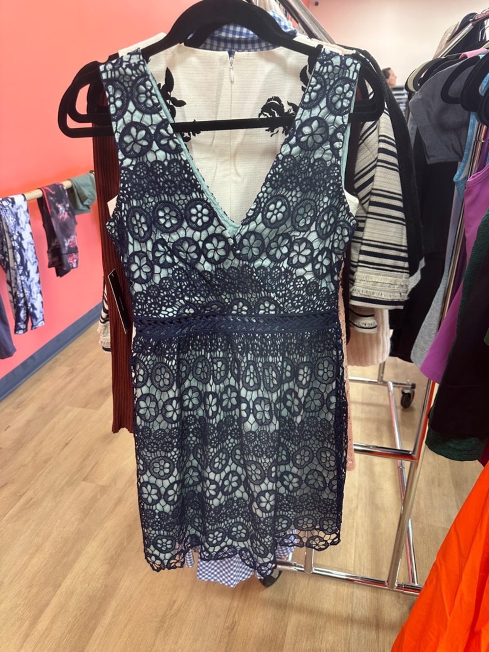 Lulu's Navy Lace Overlay V-Neck Dress with Light Blue Lining